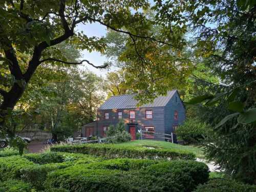 A charming dark blue house with red windows, surrounded by lush greenery and trees under a clear sky.