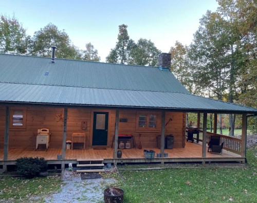 A rustic wooden cabin with a green metal roof, surrounded by trees and a porch with outdoor furniture.