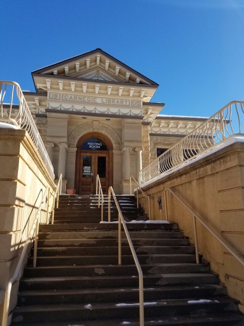 Historic Carnegie Library entrance with stairs, ornate architecture, and a clear blue sky above. Snow on the steps.