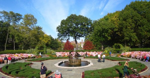 A vibrant garden with a central fountain, surrounded by colorful flowers and trees under a clear blue sky.