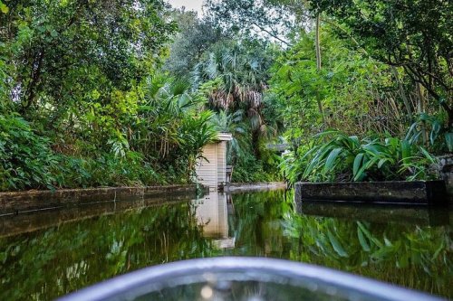 A serene waterway surrounded by lush greenery, reflecting trees and a small structure in the distance.