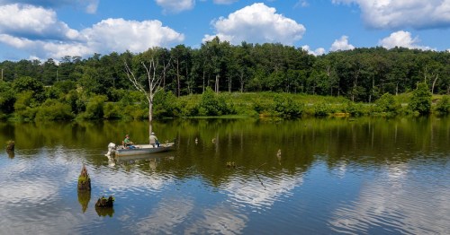 A serene lake scene with two people in a boat, surrounded by lush greenery and reflections on the water.