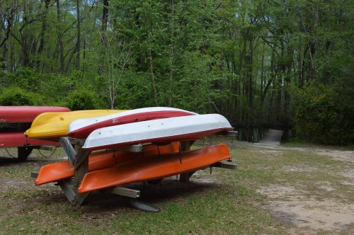 Colorful kayaks stacked on a rack in a wooded area, with a path leading into the trees in the background.