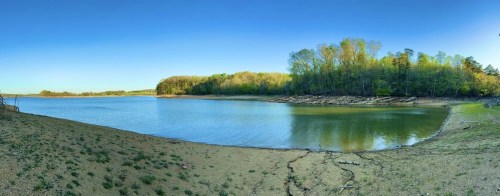 A serene lake surrounded by lush greenery and a sandy shore under a clear blue sky.