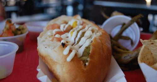 A close-up of a hot dog topped with mustard, mayonnaise, and diced tomatoes, served with sides of salsa and chips.