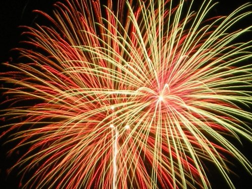 Colorful fireworks burst in the night sky, creating a vibrant display of red and yellow sparks.
