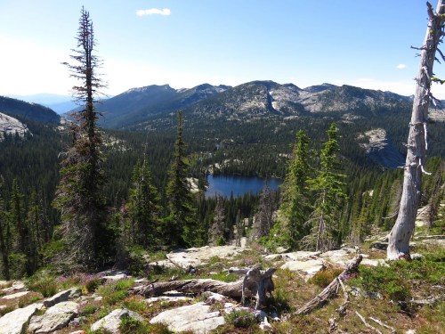 A scenic view of a mountain landscape with a lake, surrounded by tall trees and rocky terrain under a clear blue sky.
