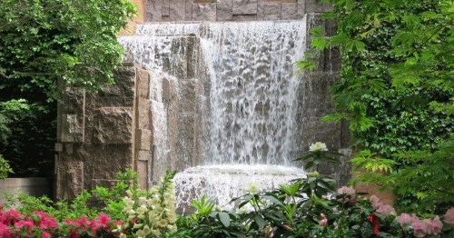 A serene waterfall cascading over stone, surrounded by lush greenery and colorful flowers.