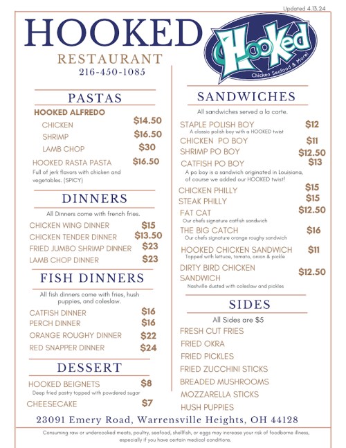 Menu for Hooked Restaurant featuring pastas, sandwiches, fish dinners, and desserts with prices listed.