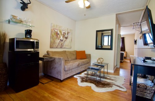 Cozy living area with a sofa, coffee table, microwave, and wall art featuring deer, set in a warm, inviting space.