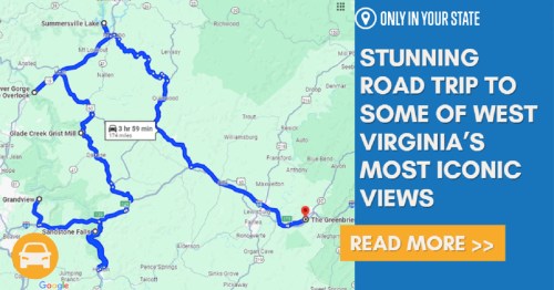 Map highlighting a scenic road trip route in West Virginia, featuring notable landmarks and views.