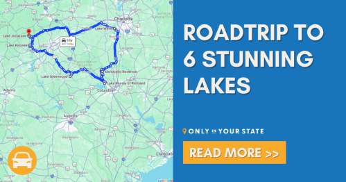 Map highlighting a road trip route to six lakes near Charlotte, with a call to action to read more.