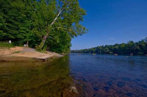 A serene river scene with clear water, a sandy shore, and lush green trees under a bright blue sky.