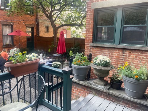 A cozy outdoor patio with potted flowers, a red umbrella, and brick walls, creating a charming garden atmosphere.