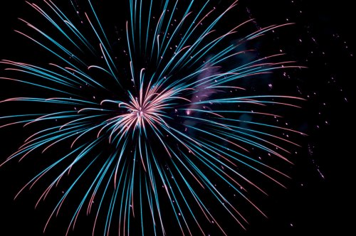 Colorful fireworks burst in a dark sky, with vibrant blue and pink trails radiating outward in a starburst pattern.