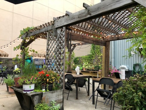 A cozy outdoor seating area with a wooden pergola, string lights, and potted plants, surrounded by greenery.