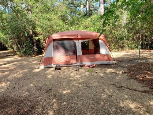 A large brown tent set up in a wooded area with trees and a gravel path surrounding it.