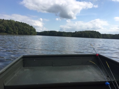 View from a boat on a calm lake, surrounded by trees and under a partly cloudy sky. Fishing rods are visible in the foreground.