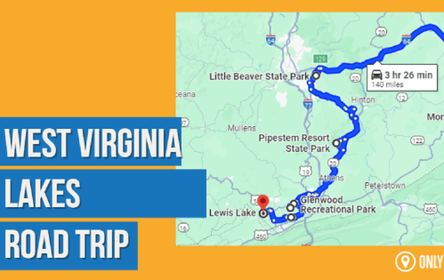 Map showing a road trip route through West Virginia's lakes, highlighting Lewis Lake and Moncove Lake.