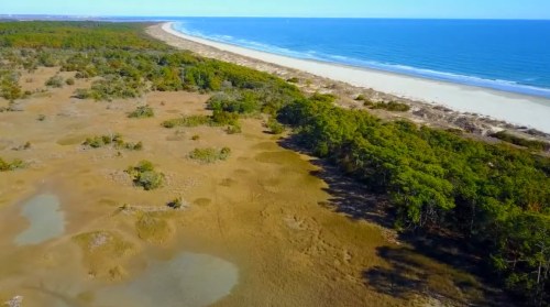 Aerial view of a coastal landscape featuring sandy beach, blue ocean, and lush green vegetation.
