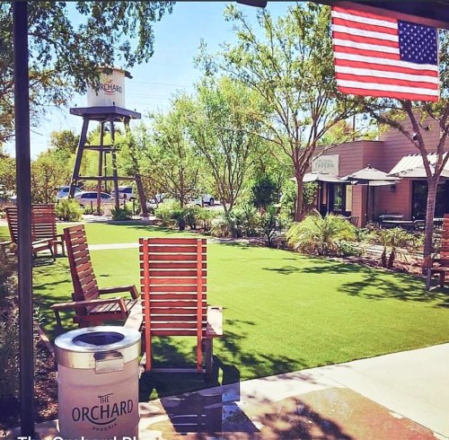 A sunny outdoor area with wooden chairs, a water tower, and an American flag in the background. Green grass and trees are visible.