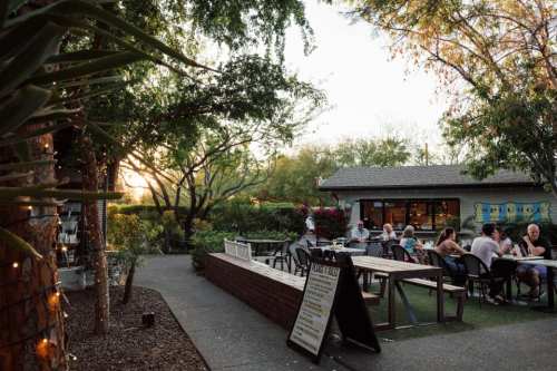 Outdoor dining area at sunset, with people seated at tables surrounded by trees and greenery. Cozy atmosphere.