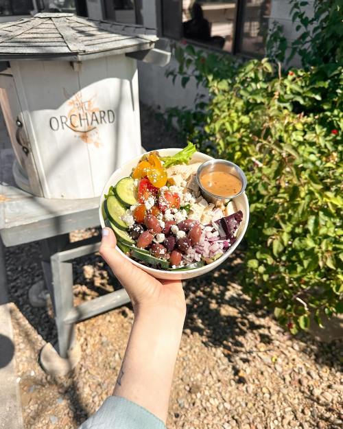 A hand holding a colorful salad bowl with greens, veggies, and dressing, near a white birdhouse labeled "Orchard."