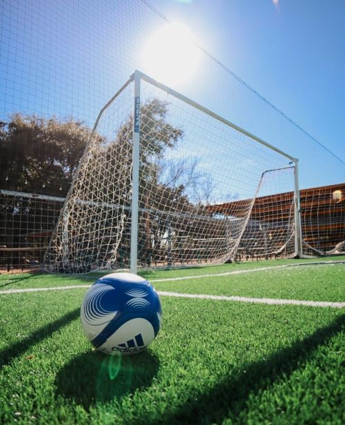 A close-up of a soccer ball on green turf, with a goalpost and bright sun in the background.