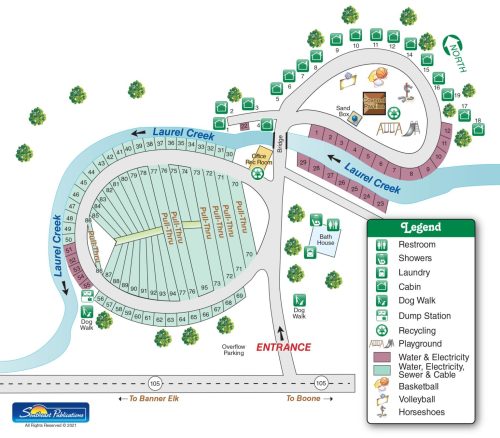 Map of a campground layout showing facilities like restrooms, showers, cabins, and recreational areas.