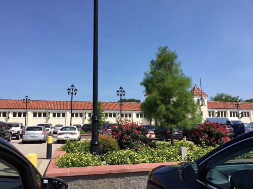 A sunny day view of a building with a red-tiled roof, surrounded by flowers and parked cars.