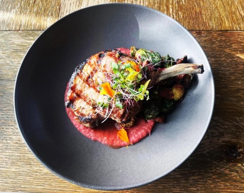 A beautifully plated dish featuring grilled meat on a bed of sauce, garnished with microgreens and colorful vegetables.