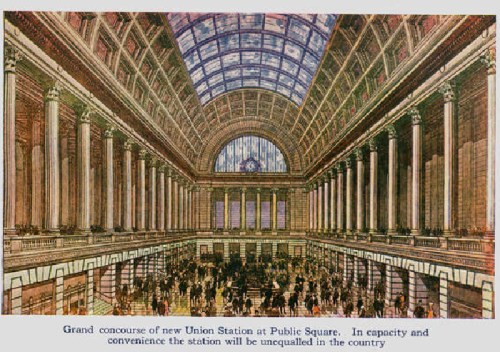 Illustration of the grand concourse of the new Union Station, showcasing its spacious interior and architectural details.