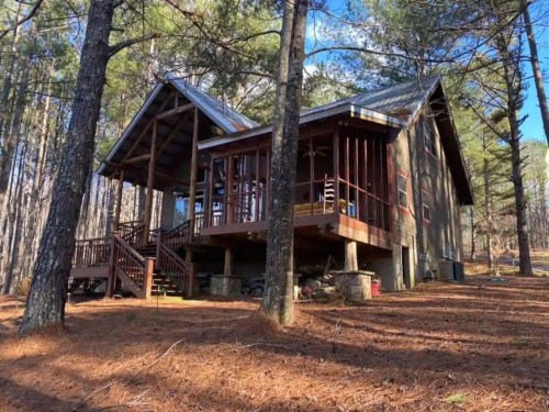 A rustic cabin nestled among tall pine trees, featuring a large deck and a sloped roof under a clear blue sky.