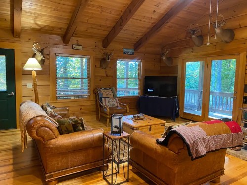 Cozy wooden cabin living room with leather sofas, a coffee table, and large windows overlooking a forest.