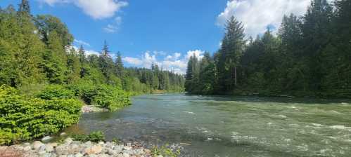 A serene river flows through a lush green landscape under a bright blue sky with scattered clouds.