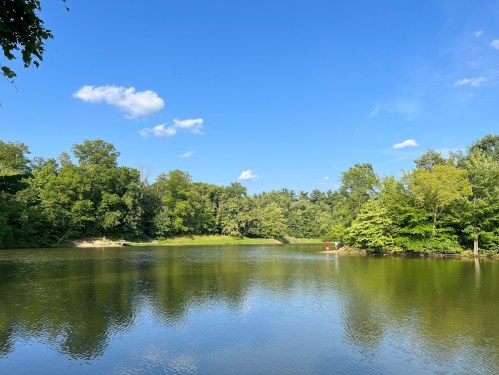 A serene lake surrounded by lush green trees under a clear blue sky, with a small boat in the distance.