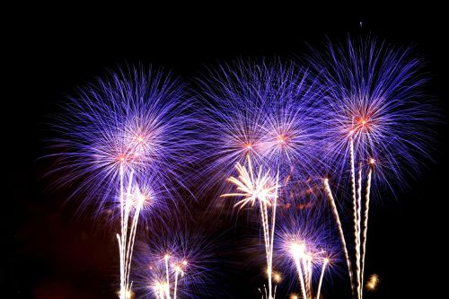 Colorful fireworks burst in the night sky, creating vibrant purple and white patterns against a dark background.