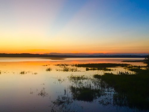 A serene sunset over a calm lake, with vibrant colors reflecting on the water and silhouettes of grass in the foreground.