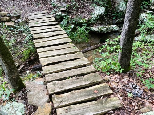 A wooden bridge spans a small stream in a wooded area, surrounded by rocks and greenery.