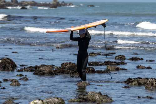 A person in a wetsuit carries a surfboard while walking through shallow water and rocky terrain at the beach.