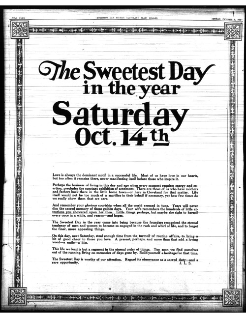 A vintage newspaper page featuring an article titled "The Sweetest Day in the year" dated Saturday, Oct. 14th.
