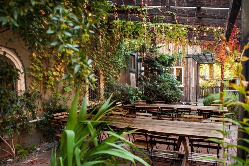 A cozy outdoor dining area with wooden tables, surrounded by lush greenery and hanging lights.