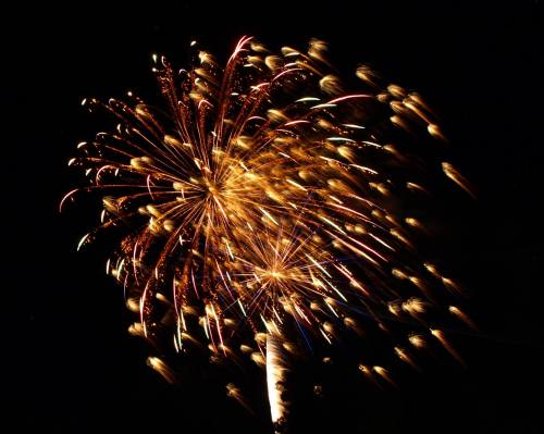 Colorful fireworks burst in the night sky, creating a dazzling display of light and patterns against a dark background.