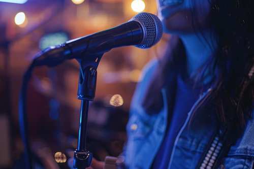 A close-up of a microphone with a blurred performer in the background, illuminated by soft, colorful lights.