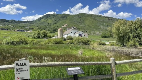 A scenic view of a barn and silo in a green landscape, with mountains and blue skies in the background. Wildlife area sign visible.