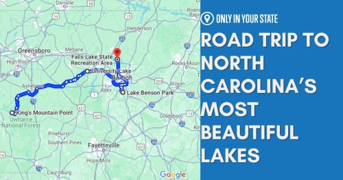 Map highlighting a road trip route to North Carolina's beautiful lakes, including Lake Benson Park and King's Mountain Point.