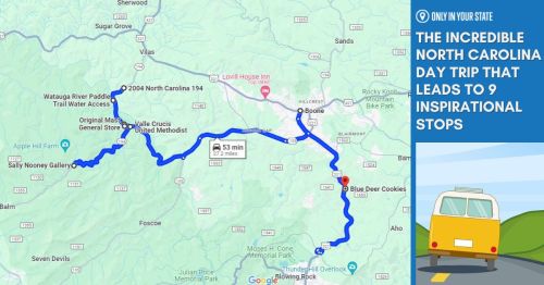 Map of a North Carolina day trip route with nine inspirational stops, featuring landmarks and travel time.