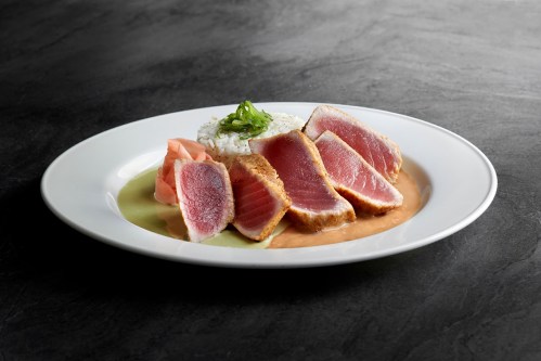A plate of seared tuna slices with rice, ginger, and a creamy sauce, set against a dark background.