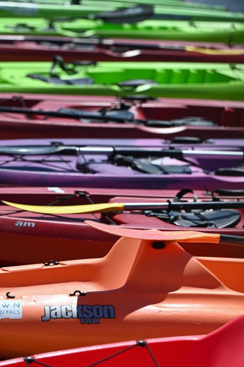 A colorful array of kayaks in various shades, stacked closely together on a sunny day.