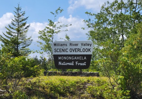 Sign for Williams River Valley Scenic Overlook in Monongahela National Forest, surrounded by greenery and trees.